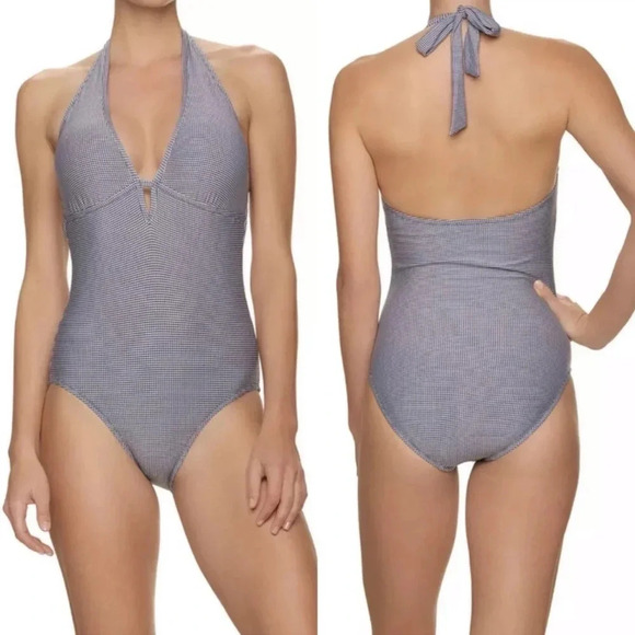 New Draper James x Helen Jon Keyhole navy Gingham Halter swimsuit one piece - Picture 2 of 16